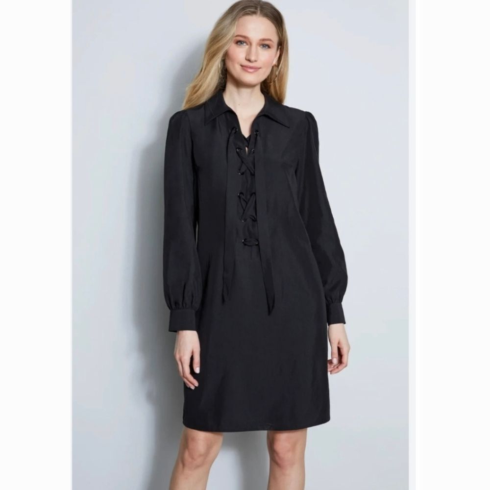 Elie Tahari Black Long Sleeve Lace Up Dress Size M